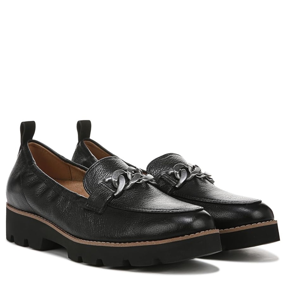 Vionic Black Leather Loafers with Silver Chain